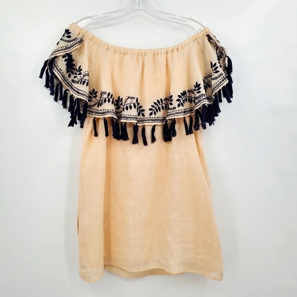 St. Roche 100% Linen Off Shoulder Embroidered Tassel Mini Dress